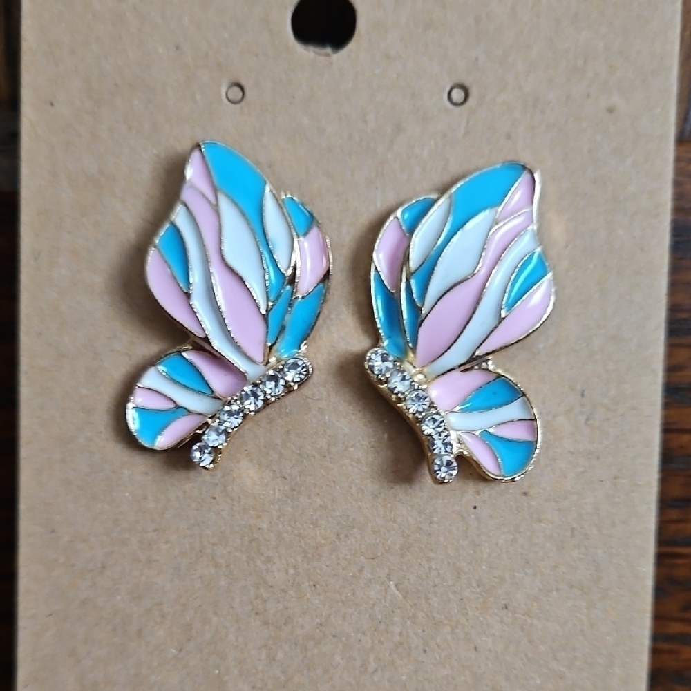 Butterfly Enamel Earrings With Rhinestones - Pink, Blue, White, Gold Tone, NWT